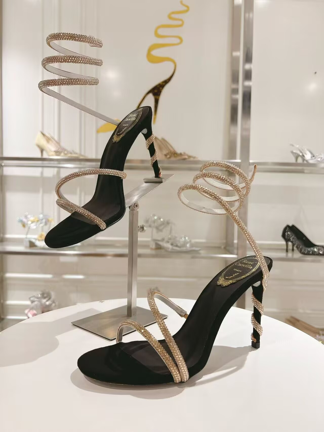 ua renÉ Ca0v1LLa margot black jewel sandals snake 95mm