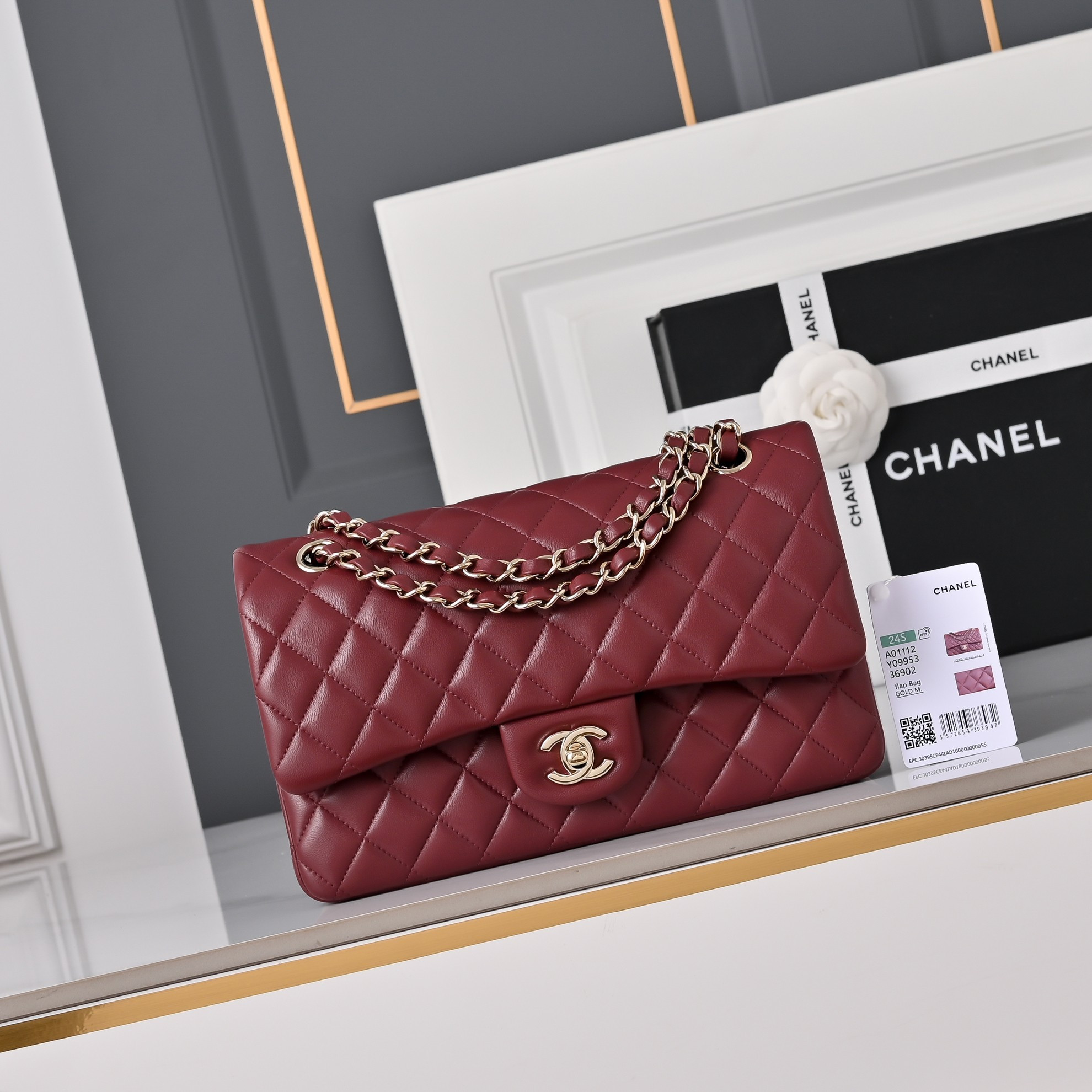 Ch*el classic burgundy lambskin flap handbag with light gold hardware a01112 15.5x25.5x6cm