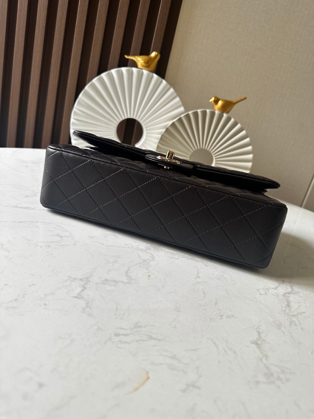 Ch*el classic handbag coffee brown gold metal 15.5×25.5×6.5cm