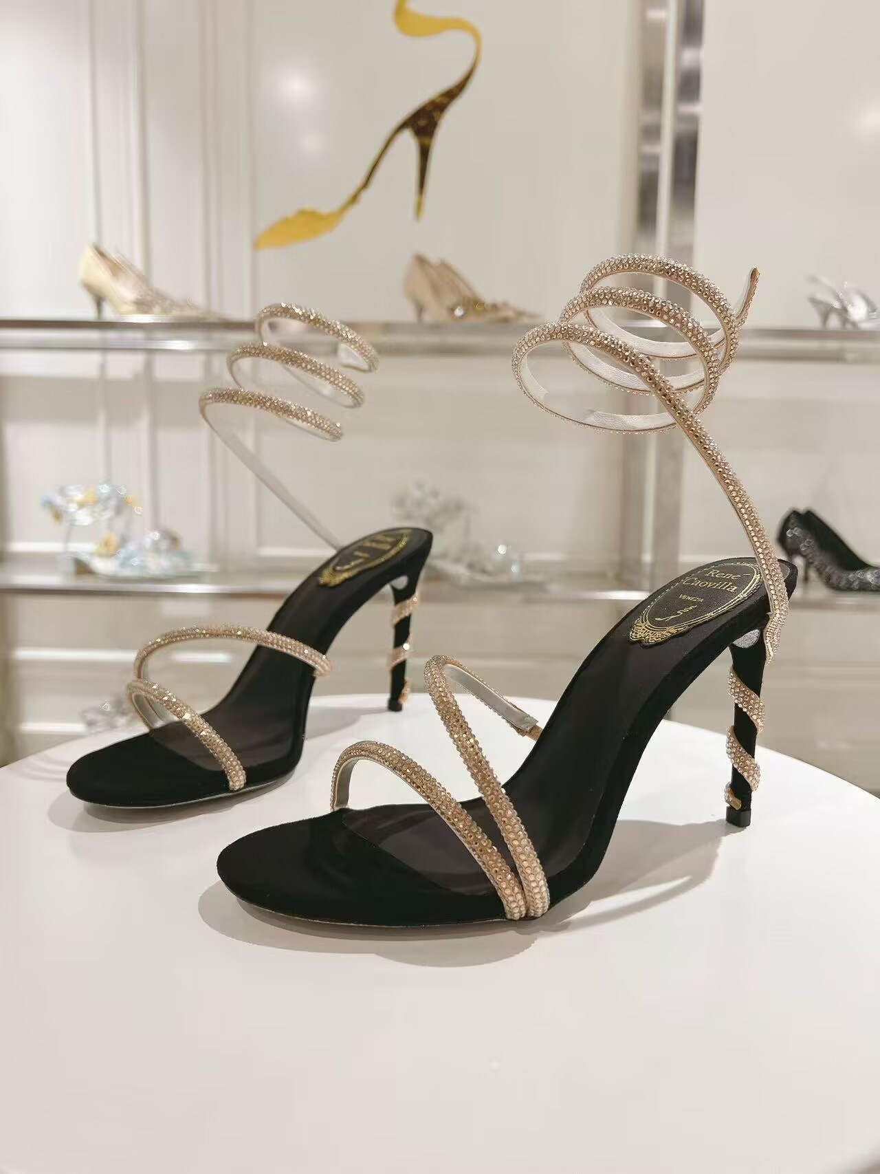 ua renÉ Ca0v1LLa margot black jewel sandals snake 95mm