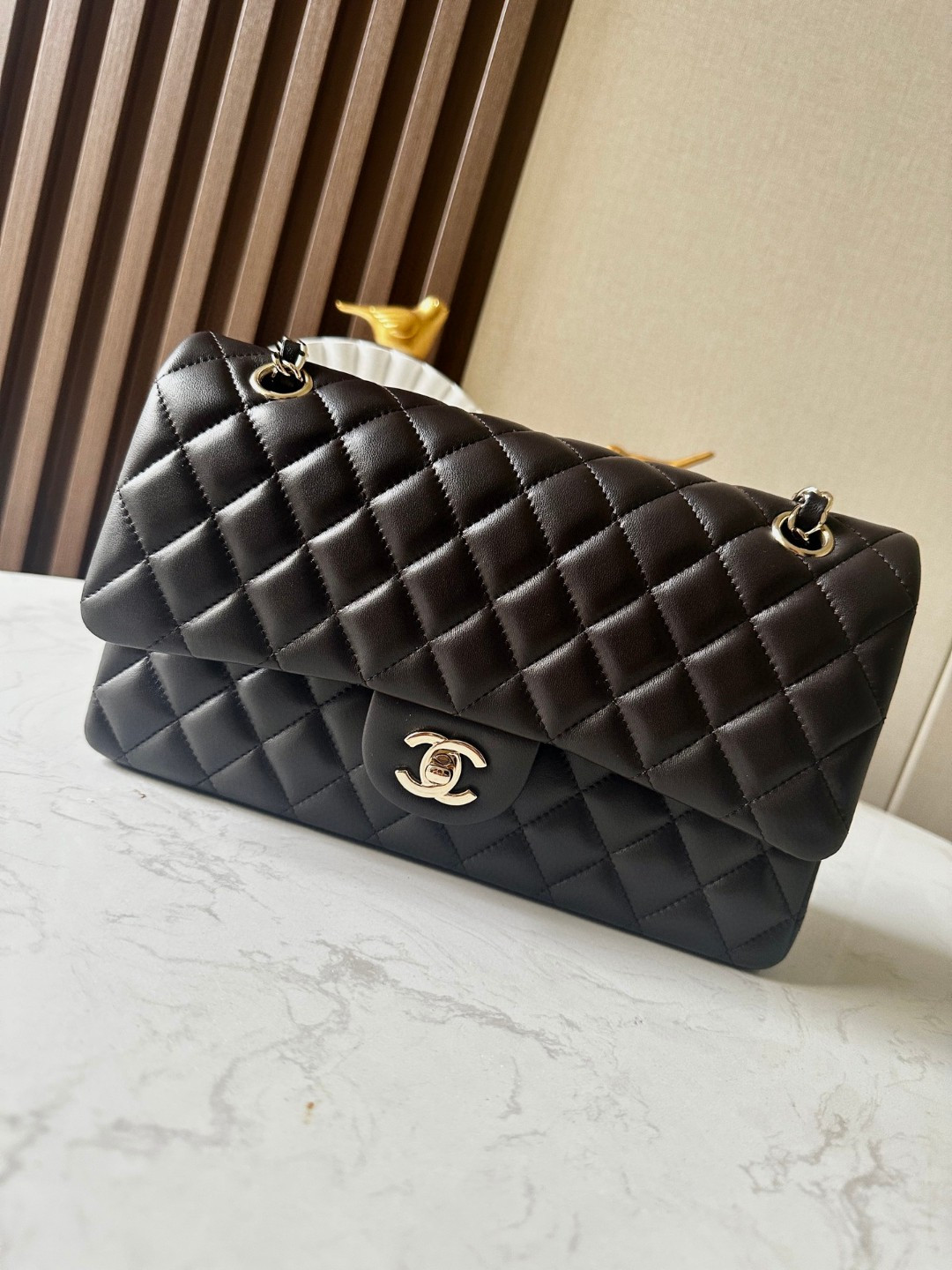 Ch*el classic handbag coffee brown gold metal 15.5×25.5×6.5cm