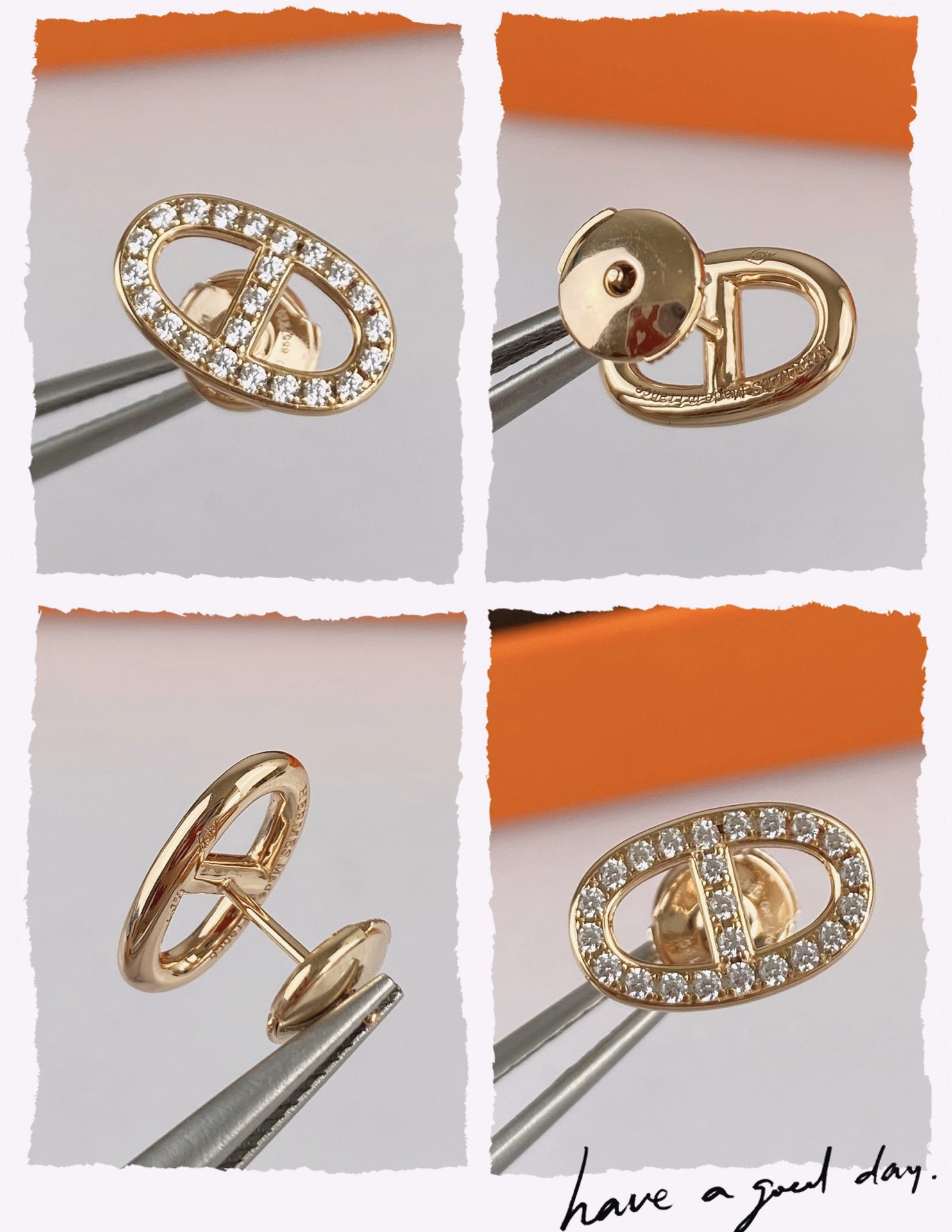 H**mes fully di*m*nd-encrusted  h stud earrings
