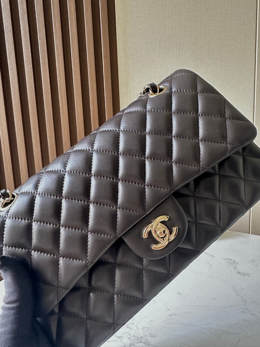 Ch*el classic handbag coffee brown gold metal 15.5×25.5×6.5cm
