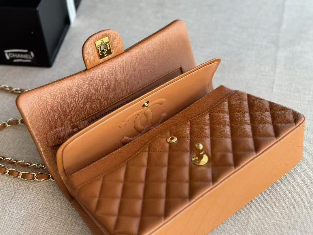 Ch*el small classic handbag grained calfskin 14.5×23×6cm