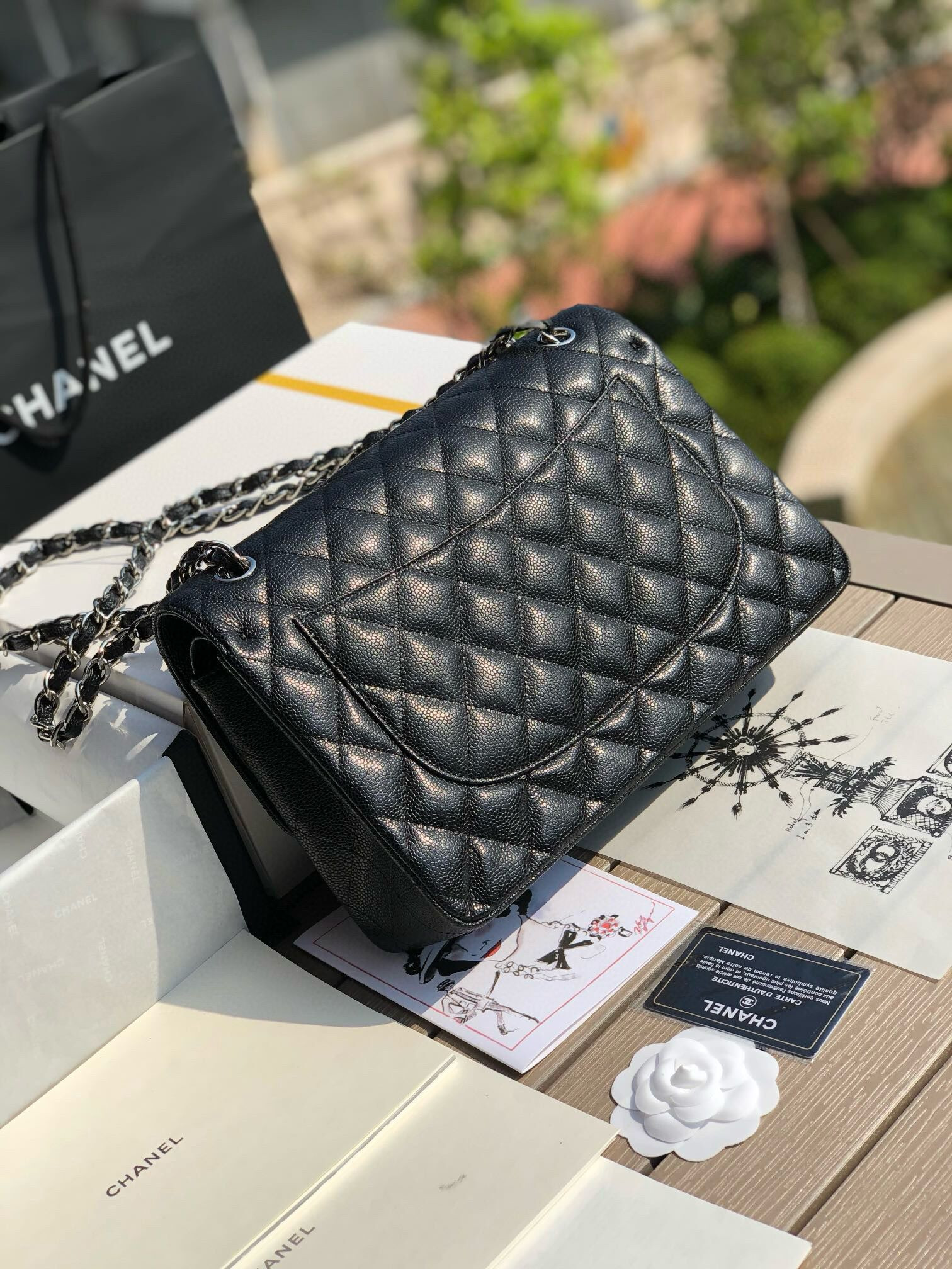 Ch*el classic flap jumbo 30cm cf black silver  7.6 × 11.7 × 3.9 in