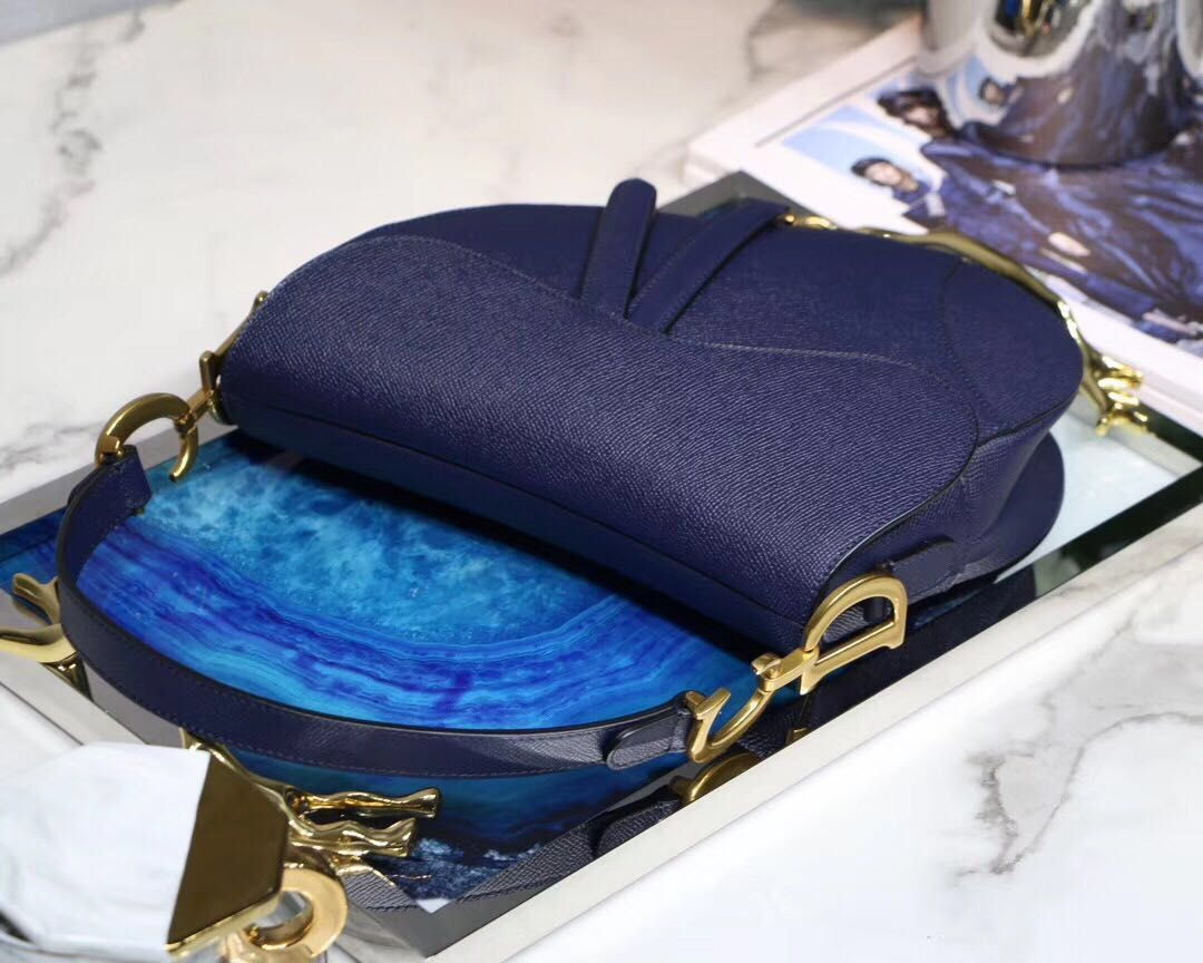 SADDLE BAG WITH STRAP Indigo Blue Grained Calfskin 25.5×20×6.5cm