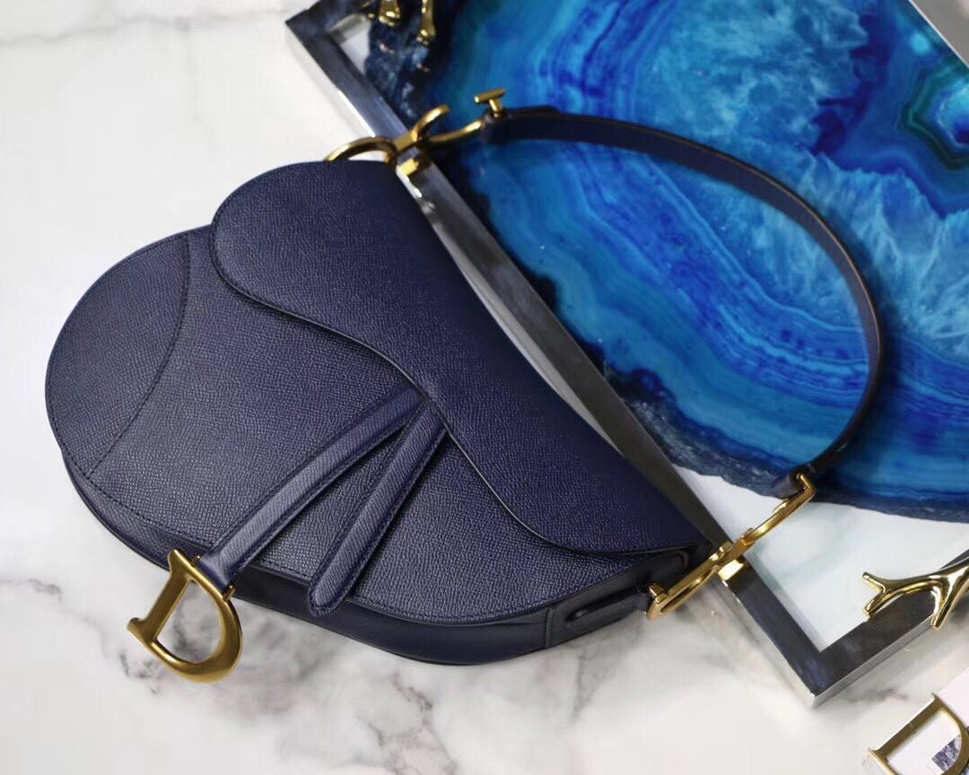 SADDLE BAG WITH STRAP Indigo Blue Grained Calfskin 25.5×20×6.5cm