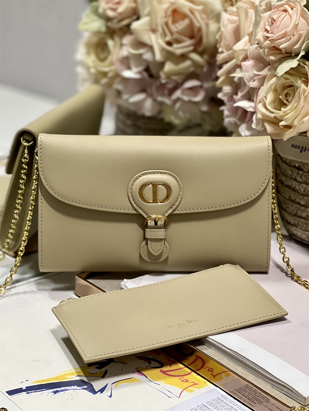 D*or bobby east-west pouch with chain latte smooth calfskin apricot