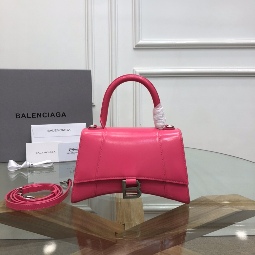 Ba*len*cia*ga women's hourglass small handbag in shiny rosered box l9 x h5,5 x w3,9 inch