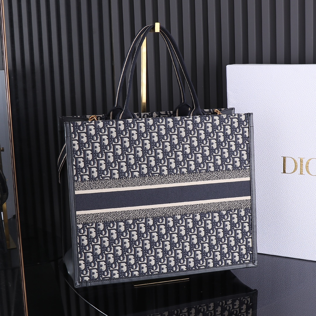 large D*or book tote blue D*or oblique embroidery and calfskin 16.5 x 14 x 7.5 inches