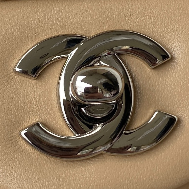 Ch*el classic handbag grained shiny calfskin & silver-tone metal coffee 6 × 9.9 × 2.5 in