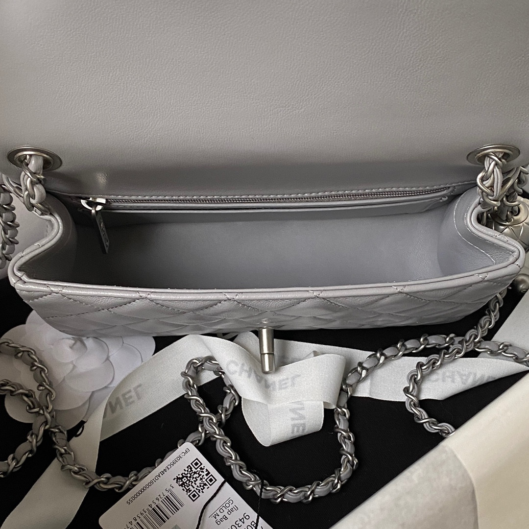 Ch*el mini flap bag shiny calfskin & silver-tone metal light gray 4.7 × 7.8 × 2.3 in