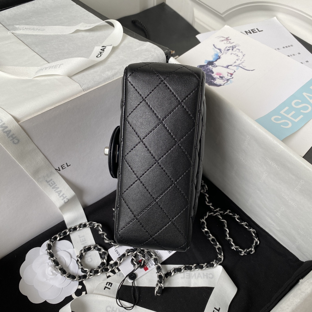 Ch*el mini flap bag shiny calfskin & silver-tone metal black 5.3 × 6.6 × 3.1 in