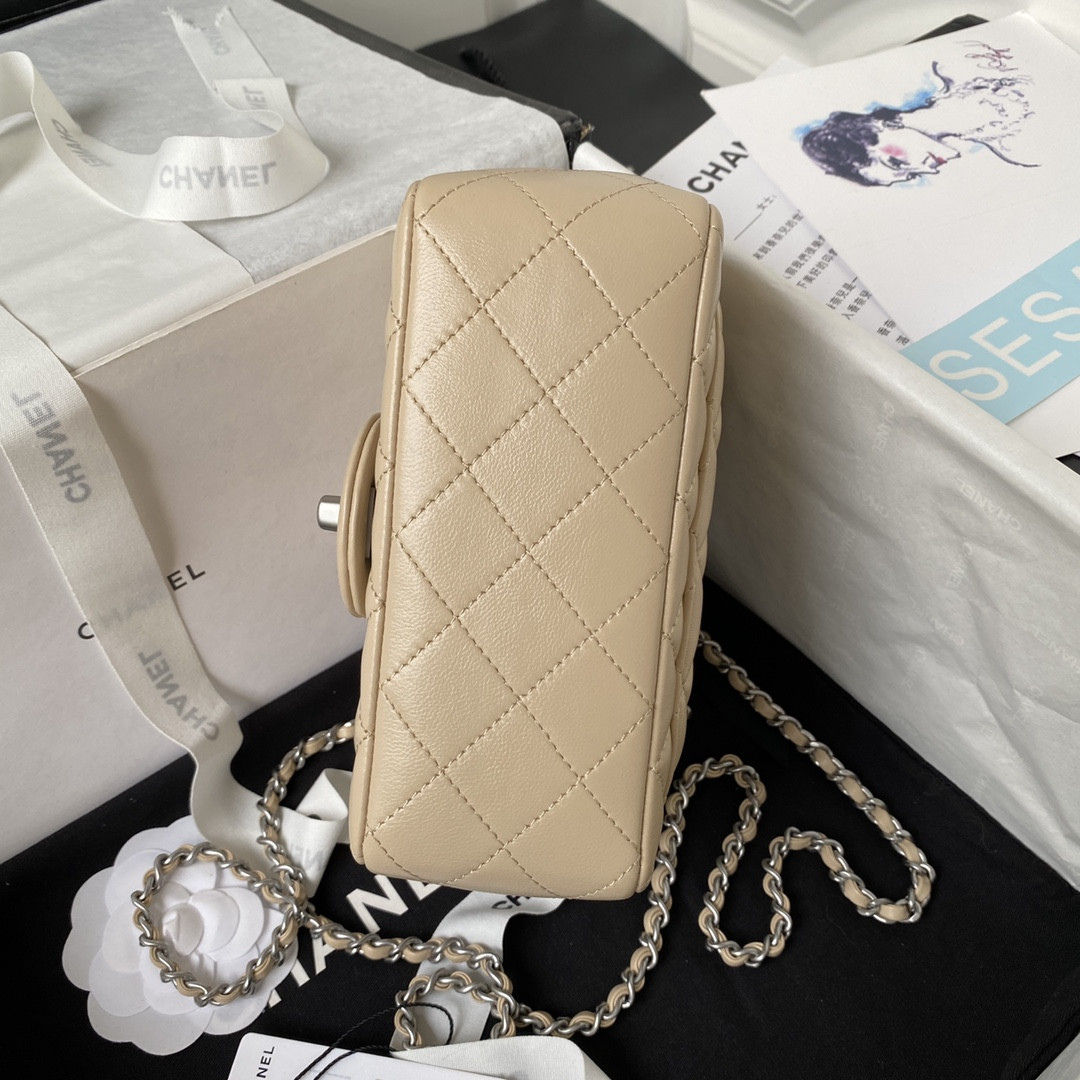 Ch*el mini flap bag shiny calfskin & silver-tone metal coffee 5.3 × 6.6 × 3.1 in