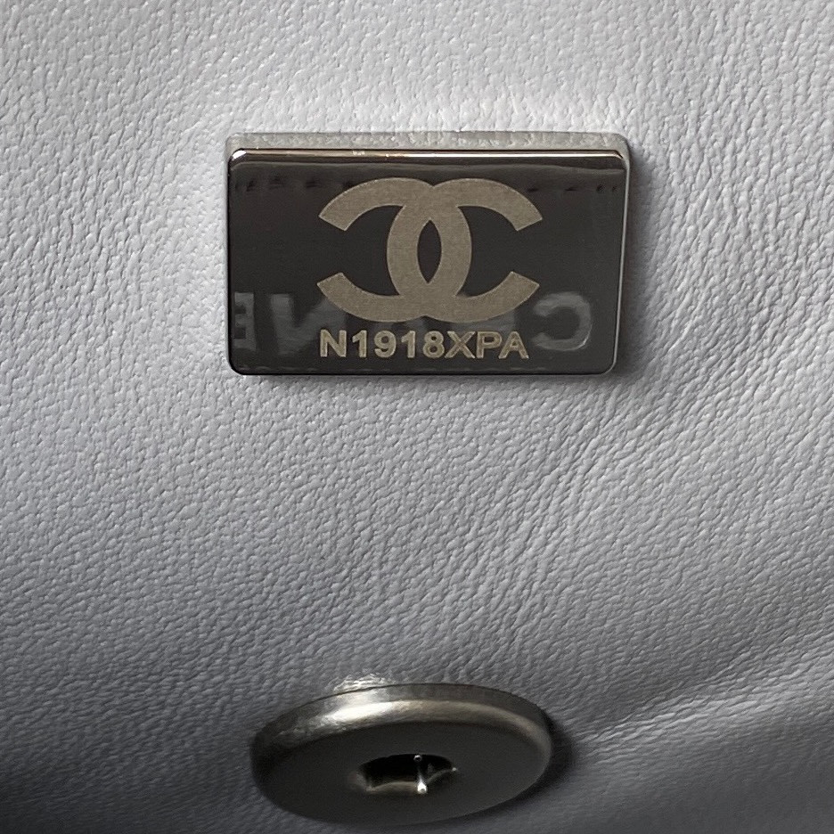 Ch*el mini flap bag shiny calfskin & silver-tone metal light gray 5.3 × 6.6 × 3.1 in