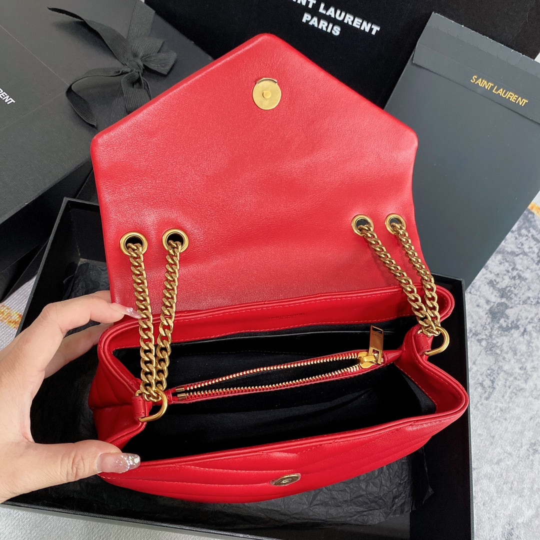 Y*L loulou small in quilted leather shiny red gold 9 x 6.1 x 3.3 inches