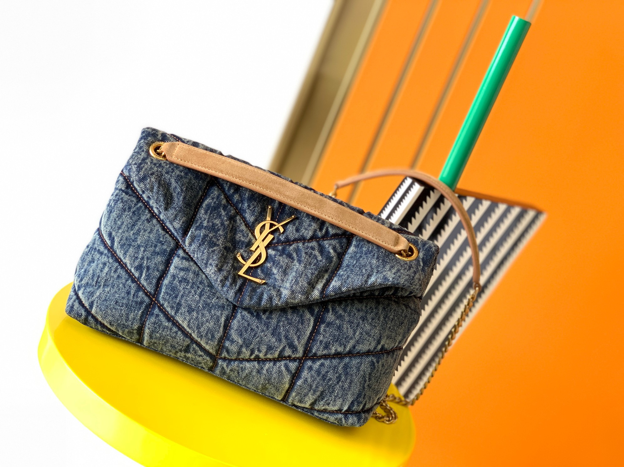 y*l puffer small in suede and De*1m rodeo blue 11.4 x 6.6 x 4.3 inches