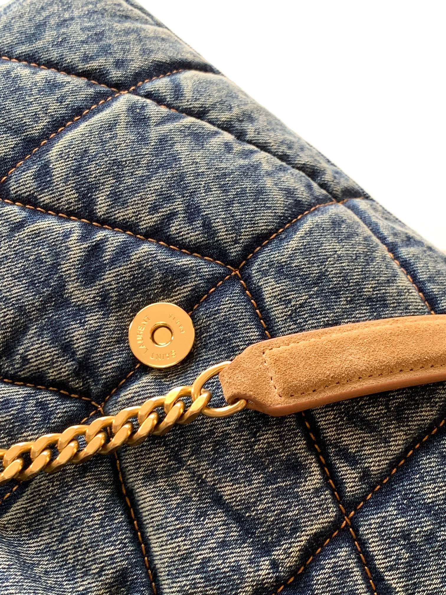 y*l puffer small in suede and De*1m rodeo blue 11.4 x 6.6 x 4.3 inches