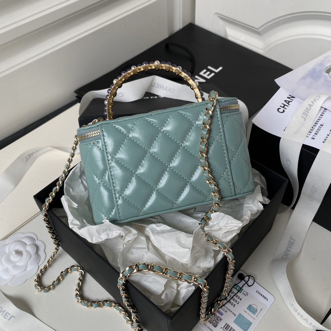 Ch*el 24p chain leather square box shoulder bag blue 16x10x8cm