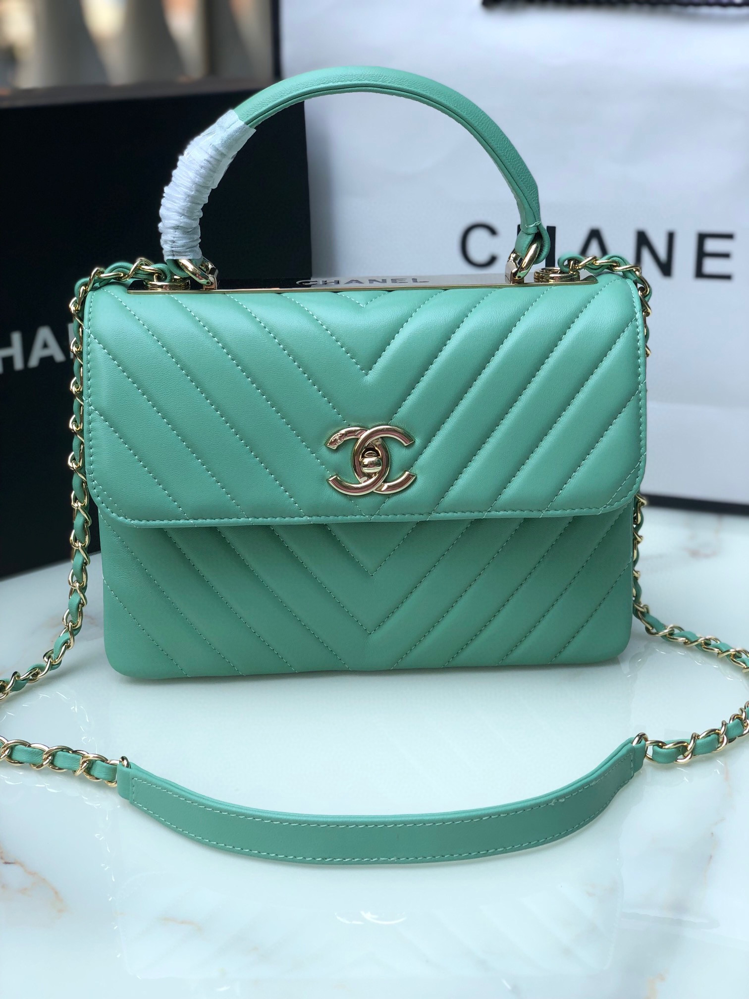 Ch*el flap bag with top handle blue silver 6.6 × 9.8 × 4.7 in