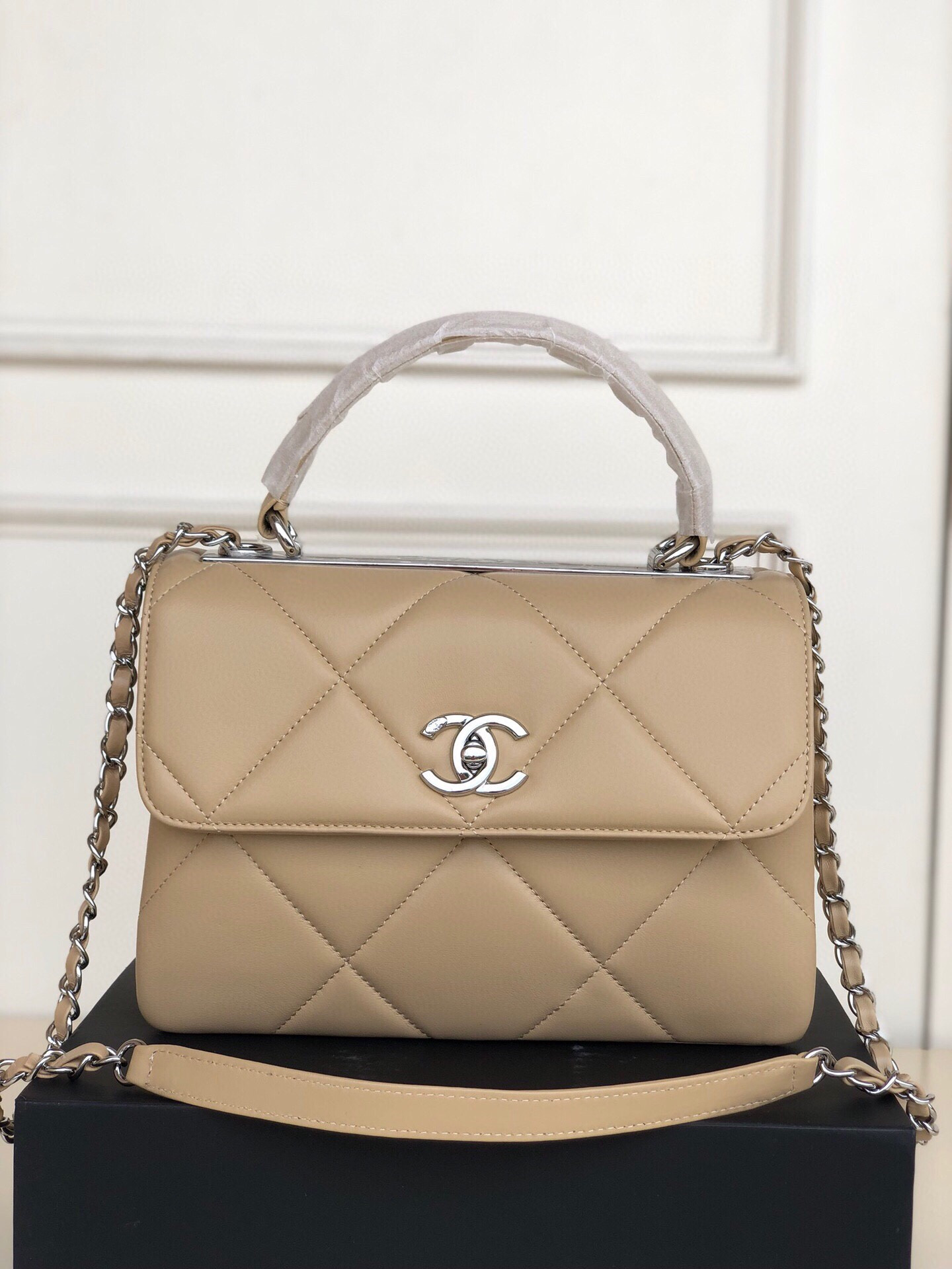 Ch*el flap bag with top handle 6.6 × 9.8 × 4.7 in