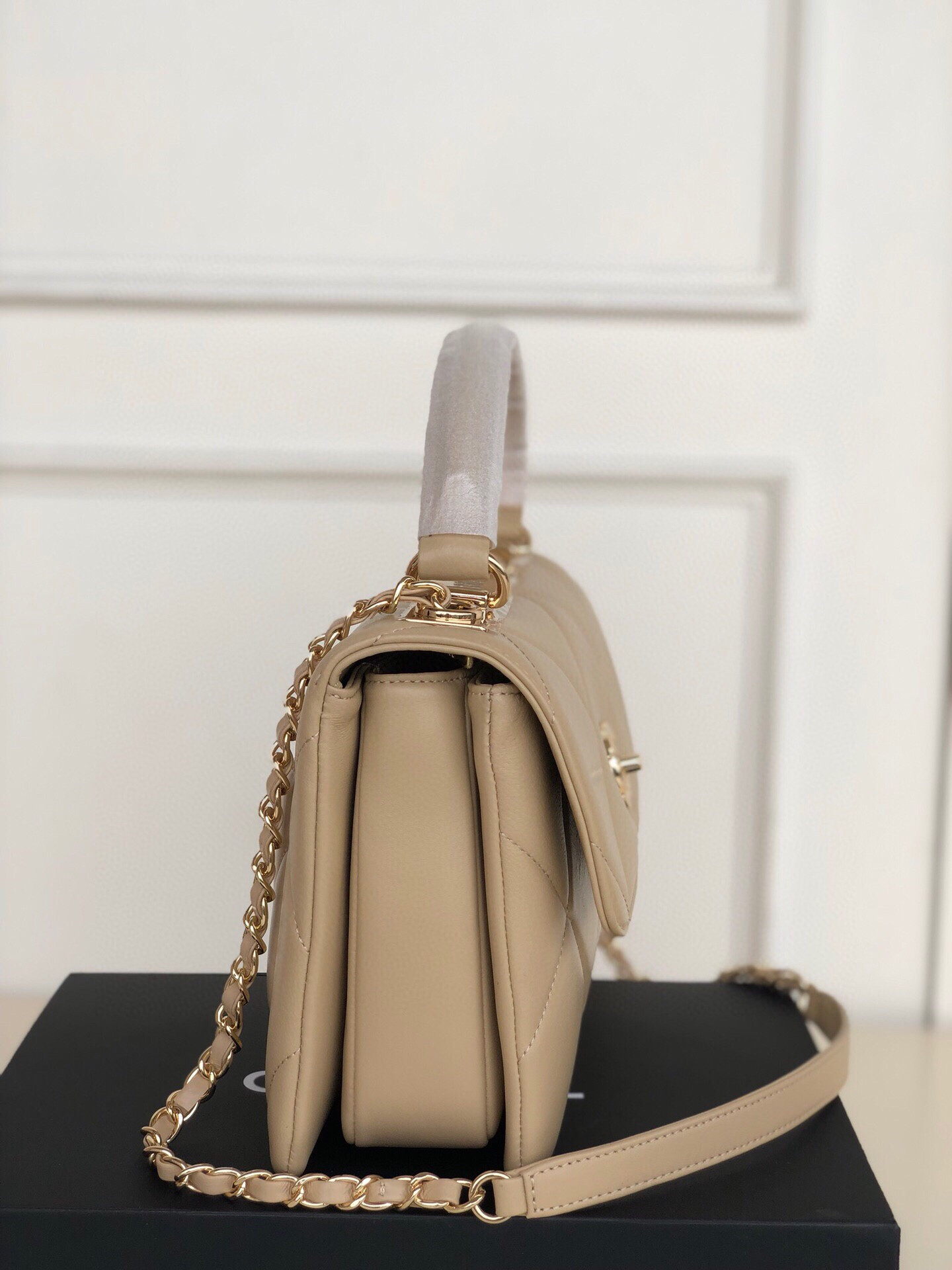 Ch*el flap bag with top handle 6.6 × 9.8 × 4.7 in