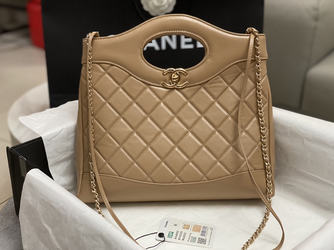Ch*el shopping bag shiny lambskin & gold-tone metal 11.7 × 11.3 × 3.5 in
