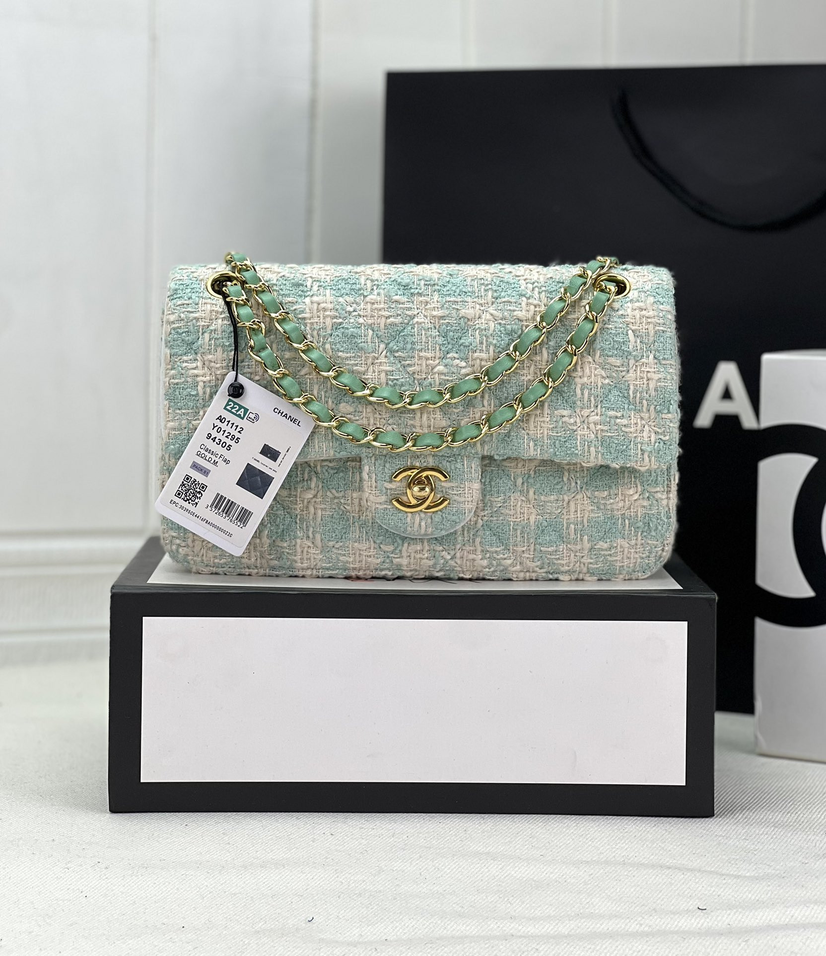 Ch*el classic 11.12 handbag tweed & gold-tone metal   6 × 9.9 × 2.5 in
