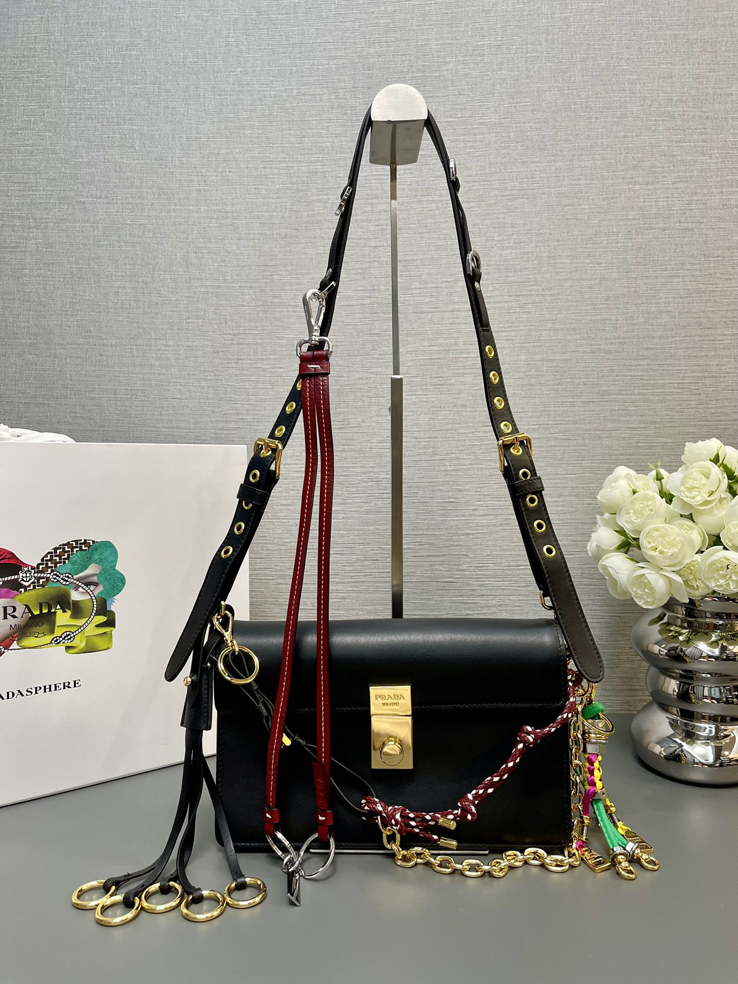 Pra*a soft sound small leather shoulder bag with charm 13.5x24x6cm