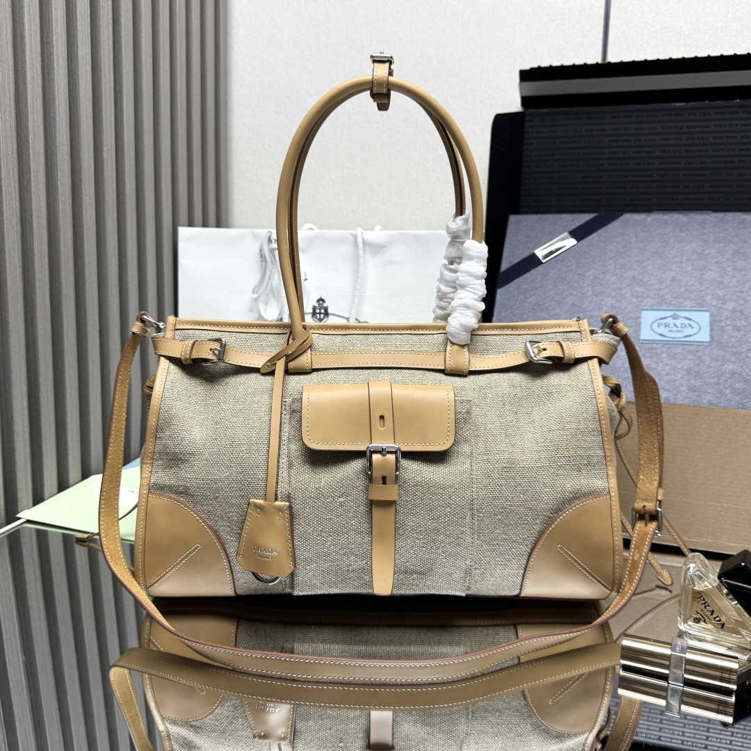 Pra*a bonnie linen and leather tote bag 24x38x12cm