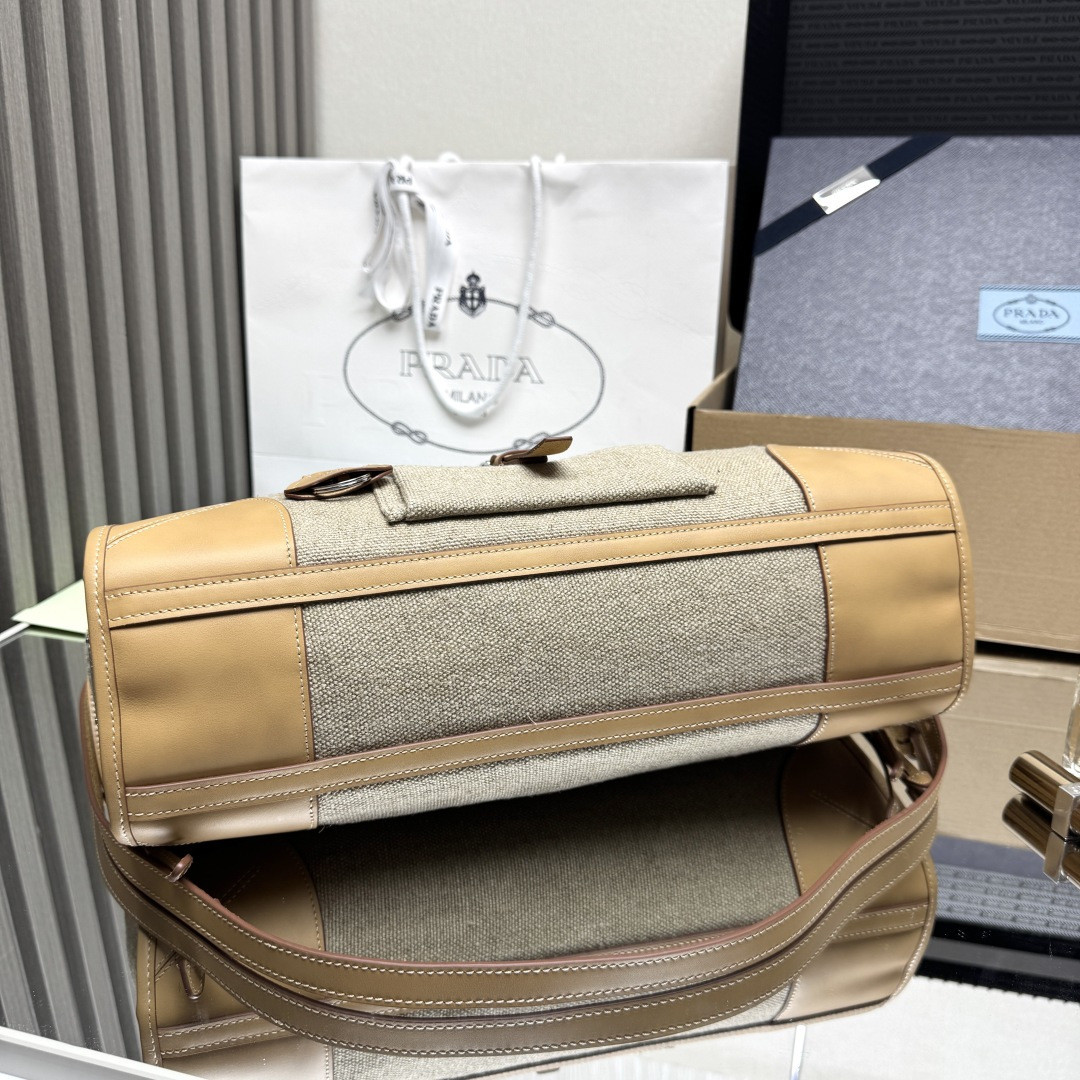 Pra*a bonnie linen and leather tote bag 24x38x12cm