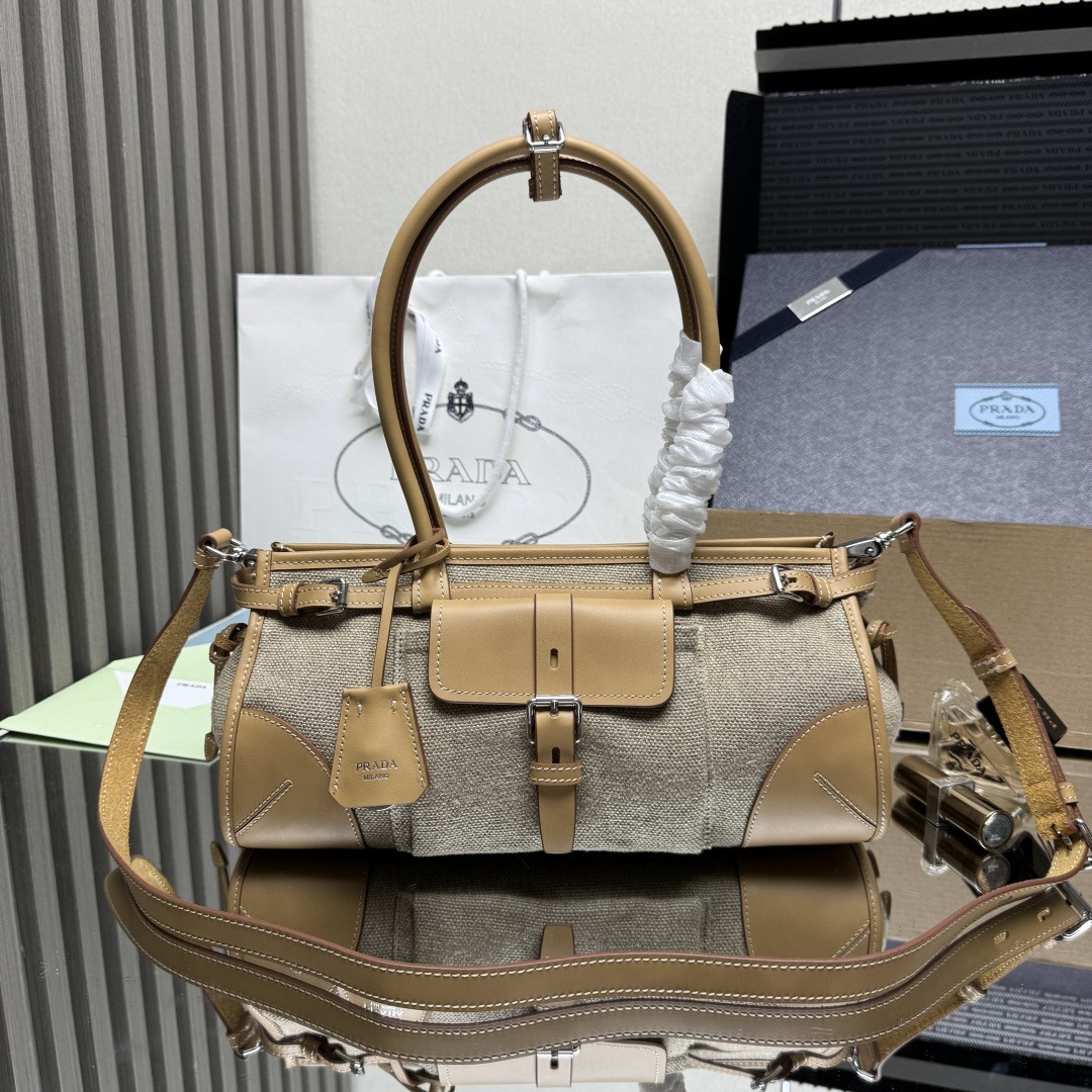 Pra*a bonnie medium linen and leather handbag 15.5x32x12cm